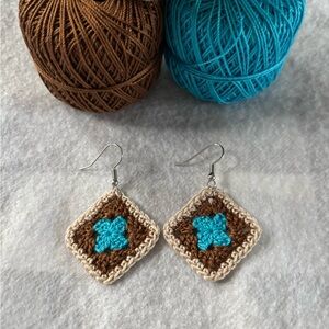 Handmade Granny Square Brown and Blue Crochet Earrings